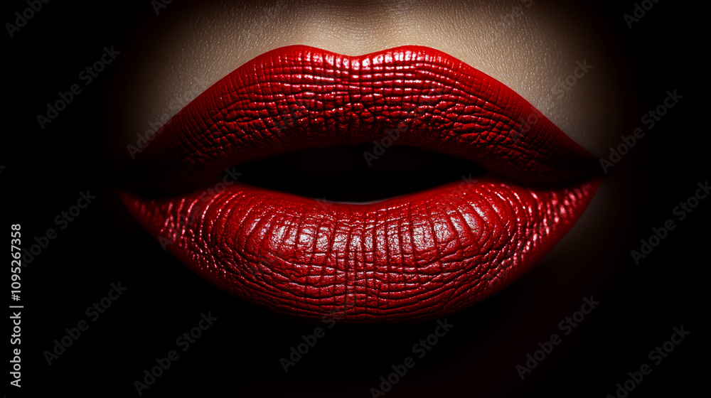 Red lips are centered in the image, highlighted against a dark background. Concept of beauty and seduction. For makeup promotion and beauty campaigns. Red lips are centered in the image, highlighted against a dark background. Concept of beauty and seduction. For makeup promotion and beauty campaigns.