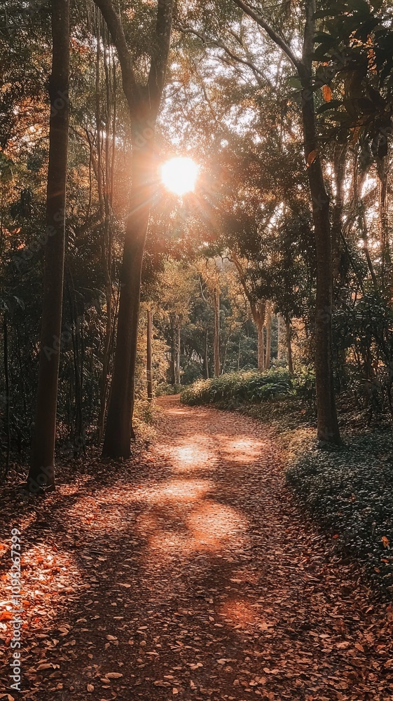 Obraz premium Autumn journey through a sunlit forest path nature trail outdoor adventure peaceful environment serene viewpoint