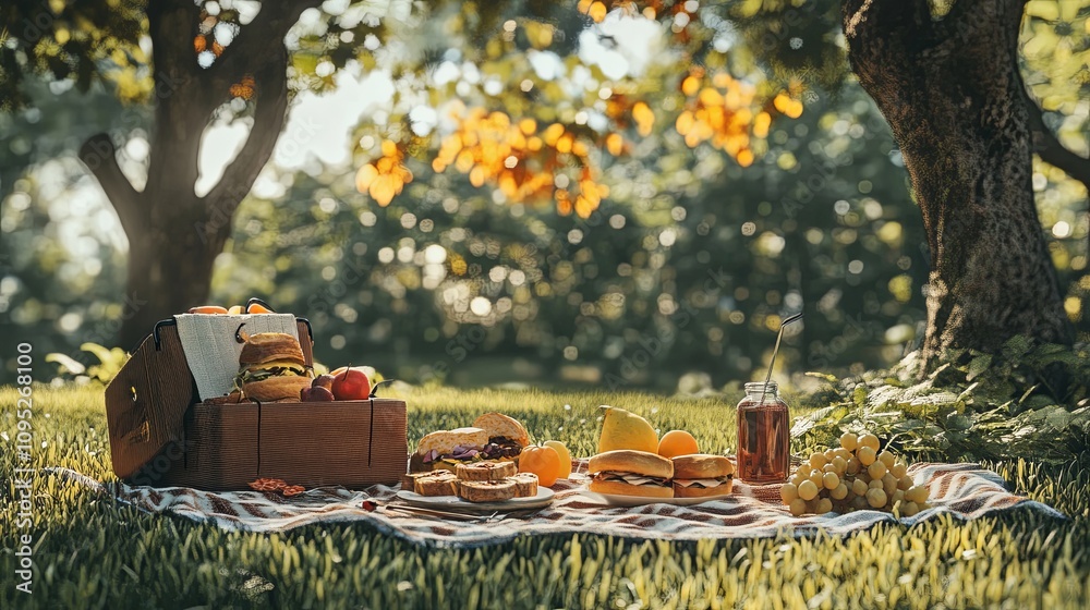 Picnic delight enjoying gourmet burgers and drinks in a lush park setting under sunlit trees Picnic delight enjoying gourmet burgers and drinks in a lush park setting under sunlit trees