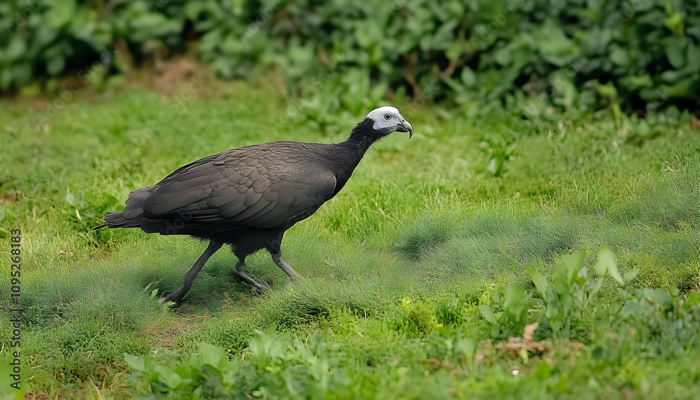 A Striking Black Parrot Walking Gracefully on Lush Green Grass, Capturing the Essence of Nature and Wildlife in a Vibrant Outdoor Setting A Striking Black Parrot Walking Gracefully on Lush Green Grass, Capturing the Essence of Nature and Wildlife in a Vibrant Outdoor Setting