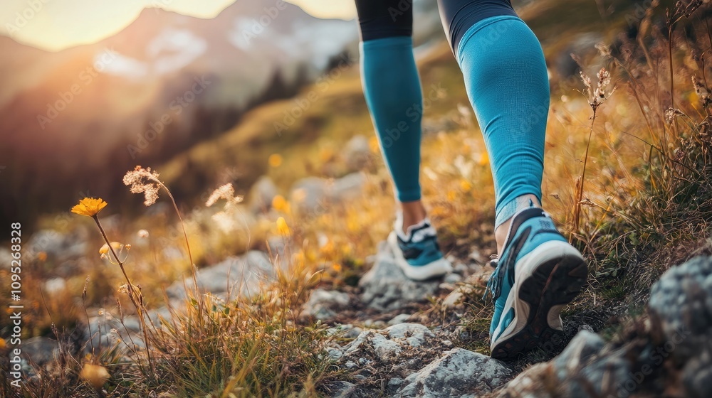 A close-up of legs in compression sleeves, suggesting recovery from muscle fatigue. A close-up of legs in compression sleeves, suggesting recovery from muscle fatigue.