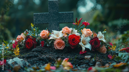 Floral Tribute with Pink Roses and Lilies on a Burial Site photo