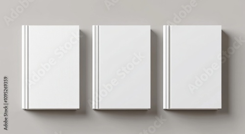  3D rendering of three blank white book cover mockups viewed from the top, set against a softly blurred gray background.
