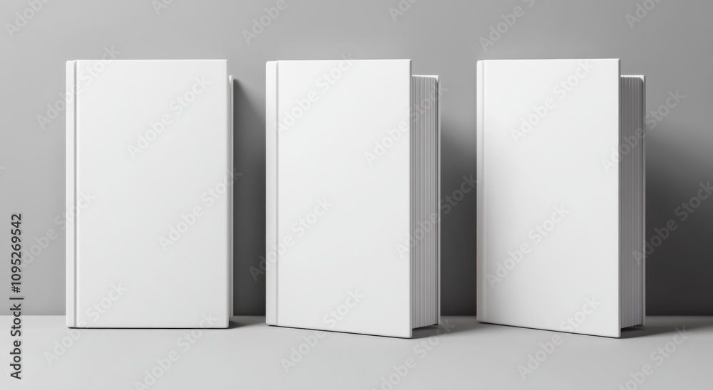 3D rendering of three blank white book cover mockups viewed from the top, set against a softly blurred gray background. 3D rendering of three blank white book cover mockups viewed from the top, set against a softly blurred gray background.