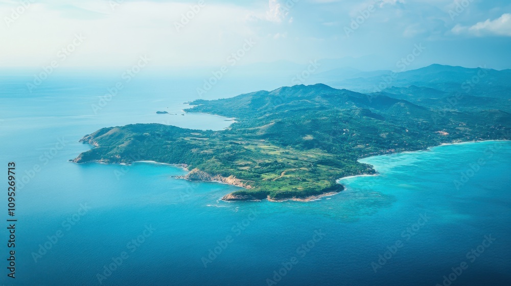 Aerial View of Tropical Island, Ocean, Coastline, Mountains, Blue Waters