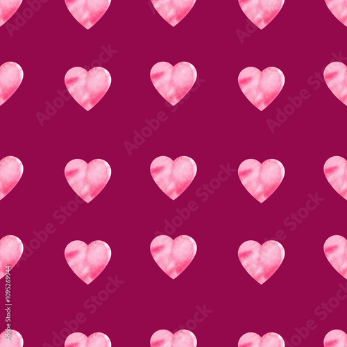 seamless pattern of valentine day theme with textured watercolor gradient pink hearts, hand draw illustration, sketch on purple background for party and event decoration