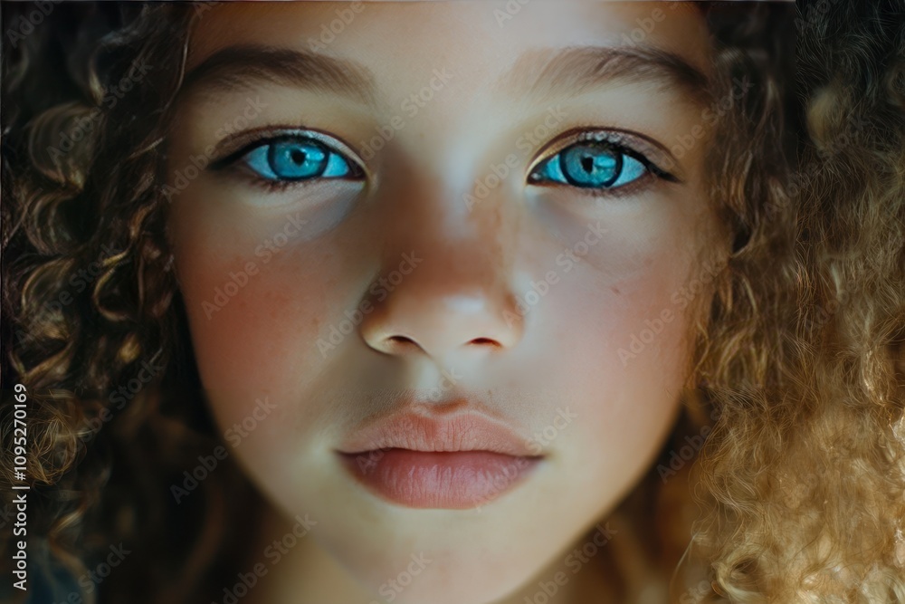 Close-up of a Child with Blue Eyes and Curly Hair Close-up of a Child with Blue Eyes and Curly Hair