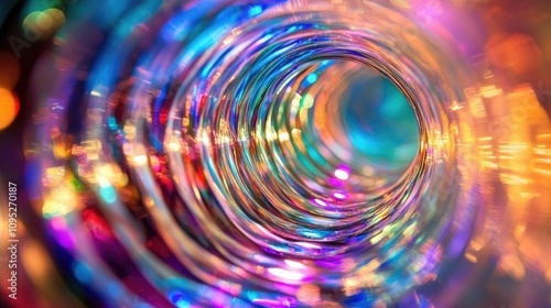 A colorful, abstract spiral with vibrant light reflections and a sense of depth.