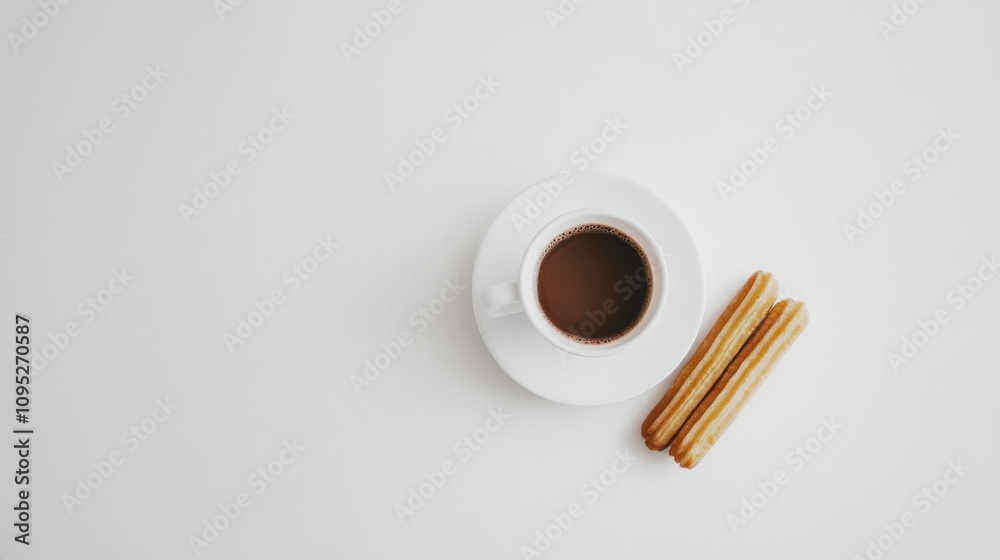 料理のインスピレーションのための、白い背景にコーヒーとペストリーを描いたミニマリストな航空写真 料理のインスピレーションのための、白い背景にコーヒーとペストリーを描いたミニマリストな航空写真