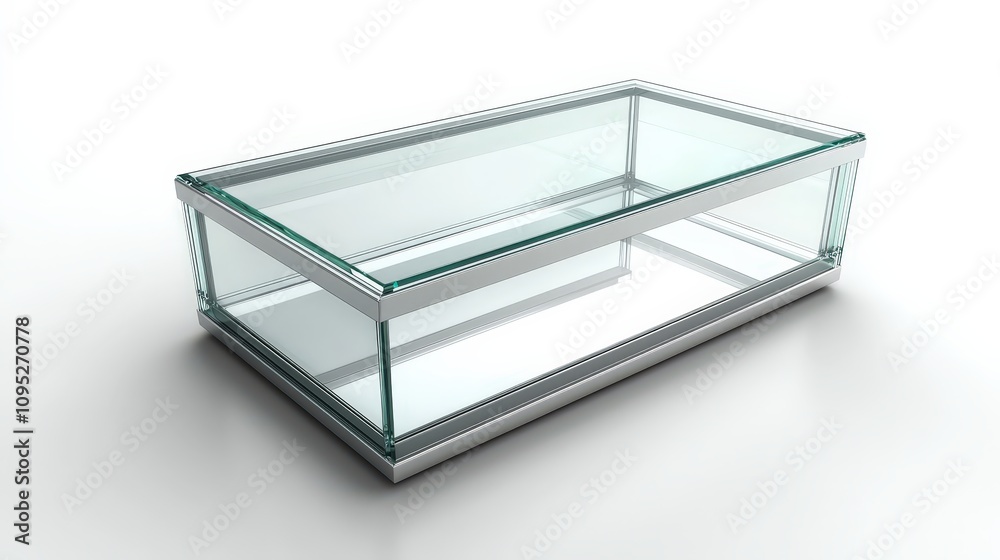 Modern glass rectangle display case on minimalist white background Modern glass rectangle display case on minimalist white background