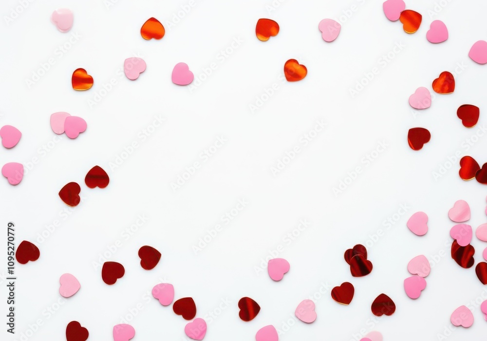 Small pink and red hearts creating a festive border on a clean white background, perfect for valentine's day or romantic celebrations