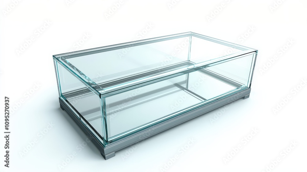 Transparent glass display case for exhibits in modern minimalist design Transparent glass display case for exhibits in modern minimalist design