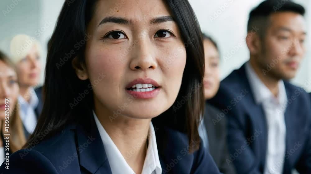 Young Asian woman speaking at a business meeting in an office with diverse colleagues in the background Young Asian woman speaking at a business meeting in an office with diverse colleagues in the background