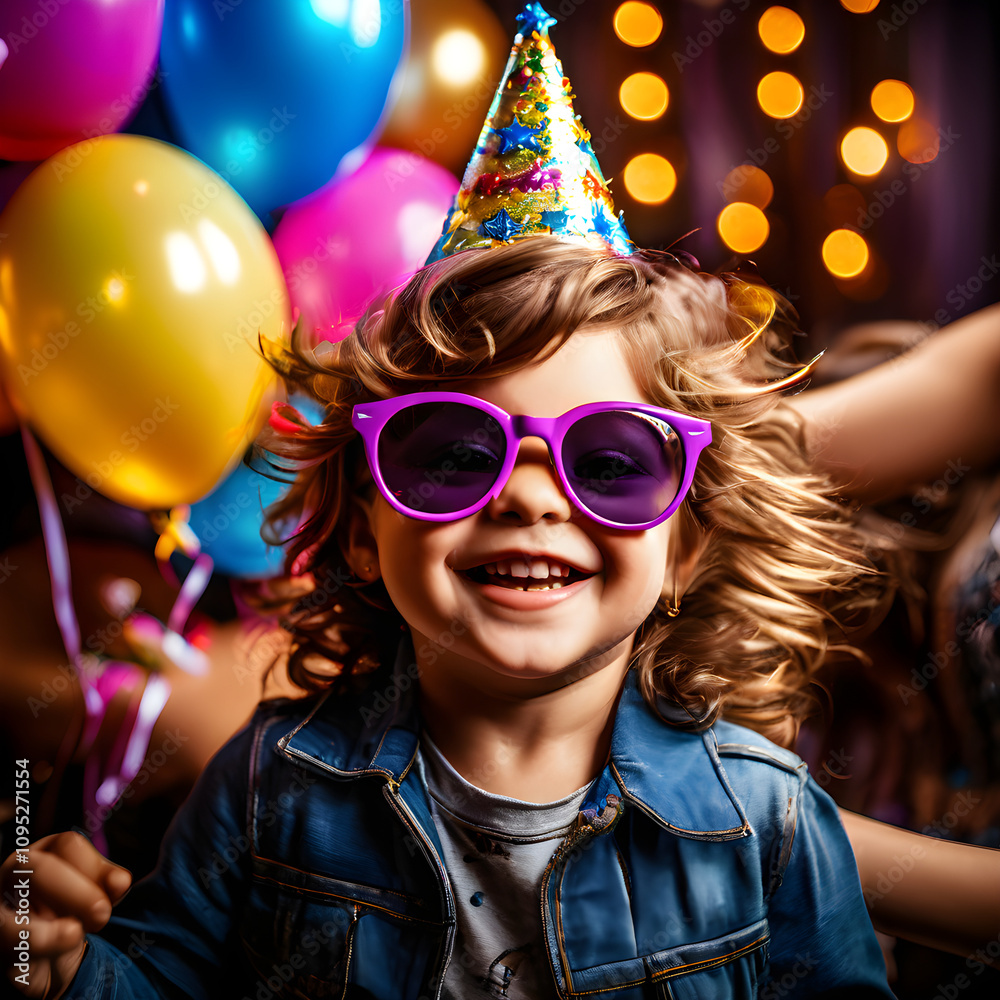 Happy Birthday Party Child with Hat and Balloons Fun Celebration Childhood Glamour Entertainment Night Backdrop Happy Birthday Party Child with Hat and Balloons Fun Celebration Childhood Glamour Entertainment Night Backdrop