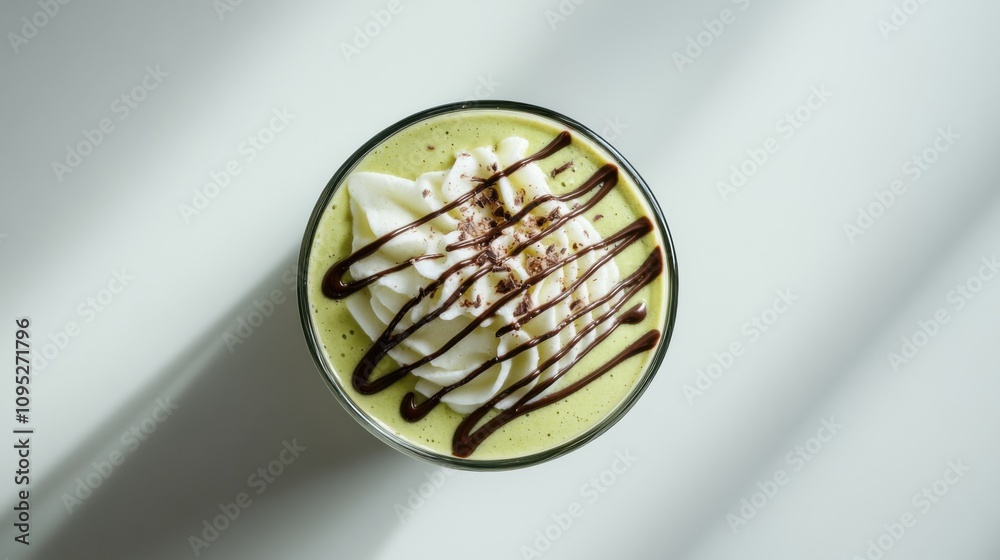 Fototapeta premium 柔らかな光の中でホイップクリームとチョコレートをトッピングした輝く抹茶ドリンク