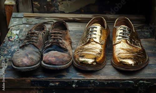 A pair of worn-out, old shoes next to a shiny, golden shoe, symbolizing the stark contrast between wealth and poverty