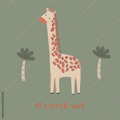 Cute safari animals elephant giraffe lion tiger turtle toucan whale palm Leon ostrich crocodile graphic tee design for kids market as vector photo