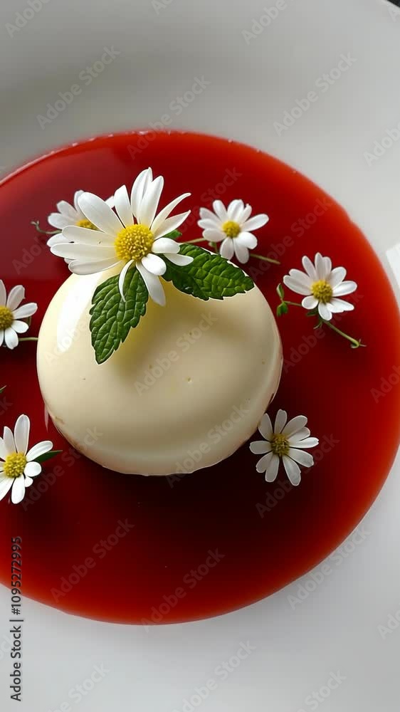 Creamy dessert topped with flowers and mint on vibrant red sauce in a minimalist presentation Creamy dessert topped with flowers and mint on vibrant red sauce in a minimalist presentation