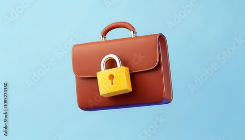 3D technology enhances cybersecurity with biometrics. Brown leather briefcase with a yellow padlock suspended in a blue background photo