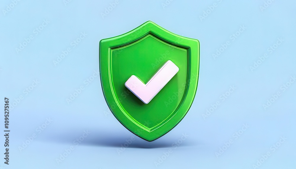 3D technology enhances cybersecurity with biometrics. Green shield with a check mark symbolizing security and protection 3D technology enhances cybersecurity with biometrics. Green shield with a check mark symbolizing security and protection