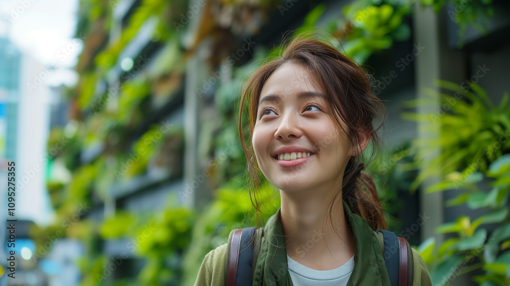 Smiling woman in city with lush green vertical gardens. Smiling woman in city with lush green vertical gardens.