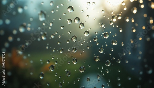 Close-up of water droplets on a window with blurred outdoor greenery for a refreshing atmosphere