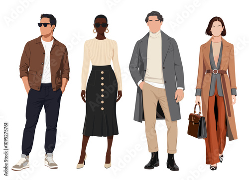 Modern business people set. Vector realistic illustrations of diverse multinational standing cartoon men and women in smart casual autumn outfits. Isolated on transparent background.