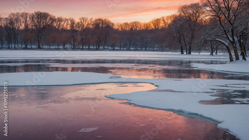 Atardecer pintoresco sobre un paisaje nevado con un lago congelado