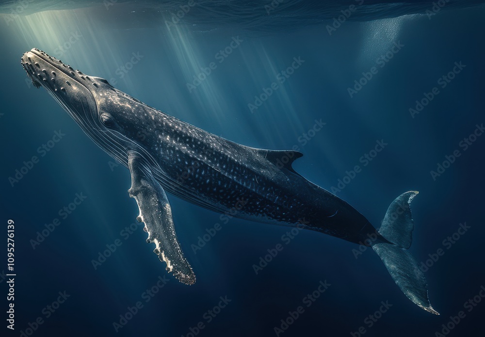 Naklejka premium Majestic Humpback Whale Swimming Gracefully Through Deep Blue Ocean Water Illuminated by Sunlight from the Surface, Capturing the Serenity of Marine Life