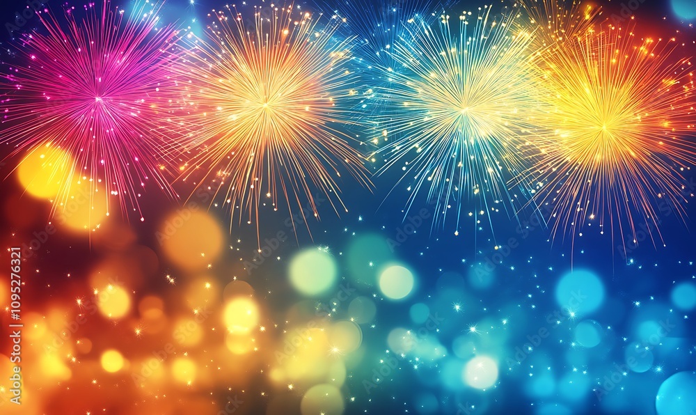 Fototapeta premium Vibrant Fireworks Display Against Dark Blue Sky 