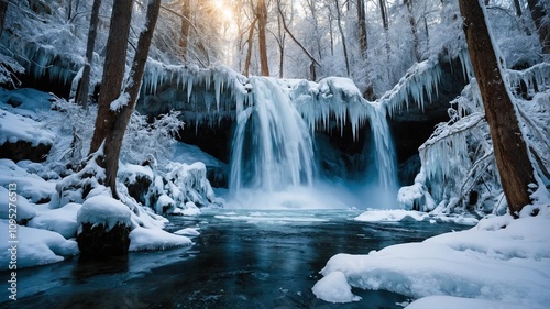 Bosque nevado con una impresionante cascada congelada