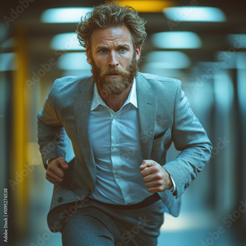 Businessman, running on a treadmill, distressed look