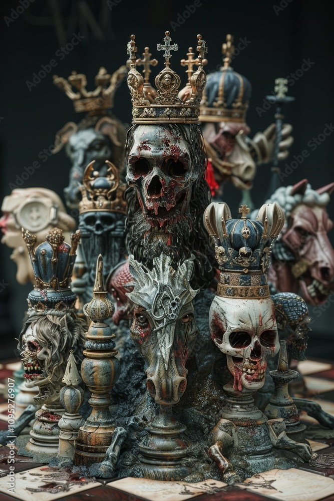 Fototapeta premium Unique chess set featuring skulls and animal figures with crowns in a dark setting
