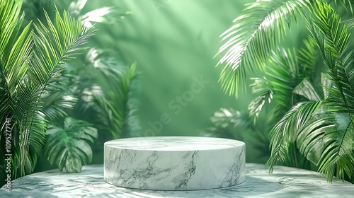 A serene setting featuring a circular marble podium surrounded by lush green foliage and soft lighting, creating a tranquil and natural atmosphere.
