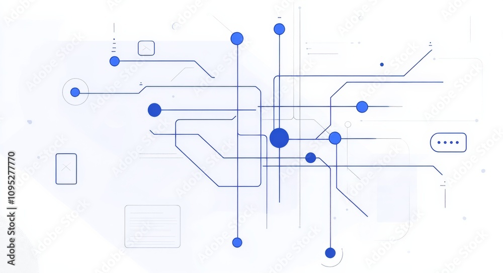 Simple line art illustration of interconnected nodes and paths, representing the flow between projects in an AI software development environment. Blue lines on a white background depict data or proce Simple line art illustration of interconnected nodes and paths, representing the flow between projects in an AI software development environment. Blue lines on a white background depict data or proce