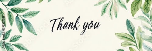 Wallpaper Mural  Elegant "Thank You" in cursive script, framed by watercolor leaves on each side, set against a white background.  Torontodigital.ca
