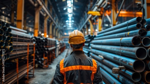 Worker inspects industrial warehouse filled with steel pipes during daytime operations