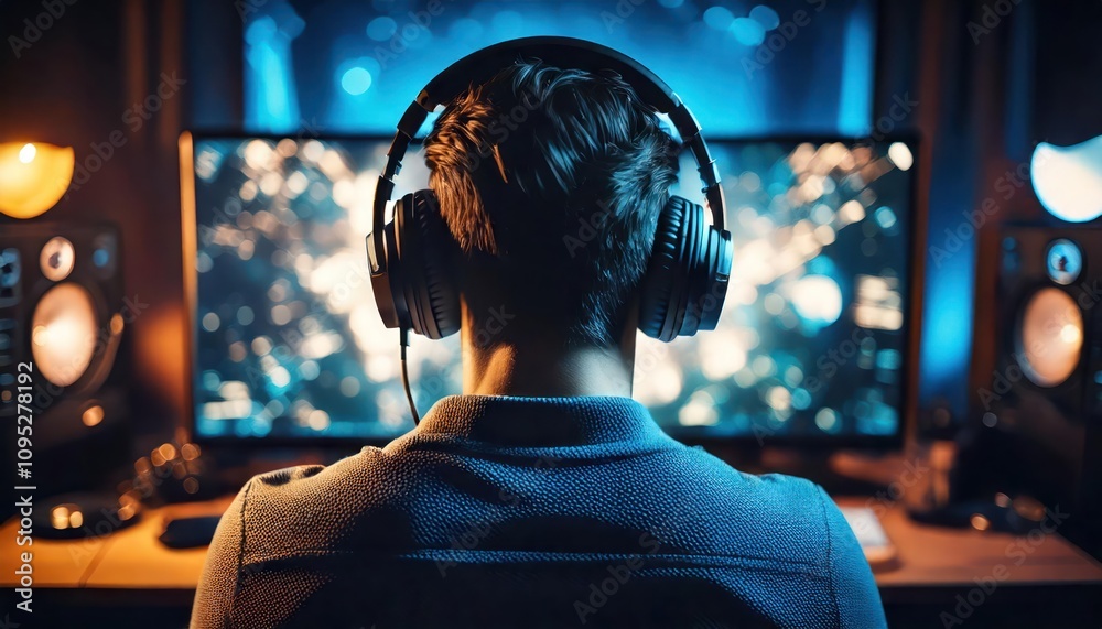 back view Young gamer playing video game wearing headphones. back view Young gamer playing video game wearing headphones.