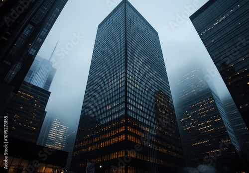 Wallpaper Mural Majestic Urban Skyscraper Towering Above Foggy Cityscape with Illuminated Windows in Dusk Light Creating a Dramatic Atmosphere Torontodigital.ca
