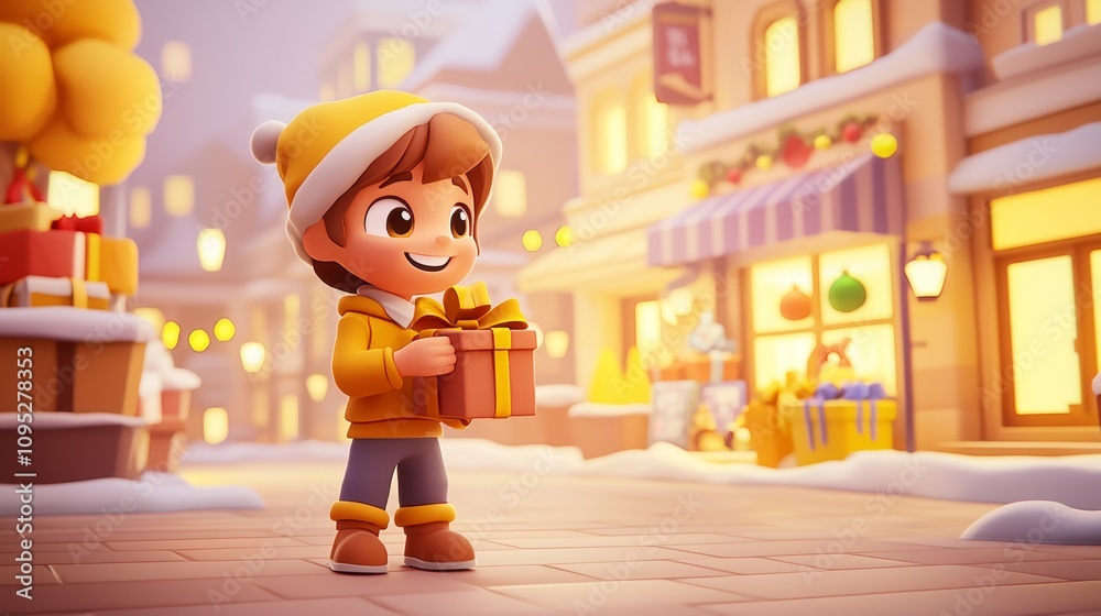 Shopping for Gifts during Holidays Pastel colored 3D cartoon style illustration.