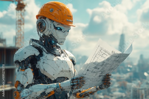 Photo of a humanoid robot in an orange hard hat holding construction blueprints.
