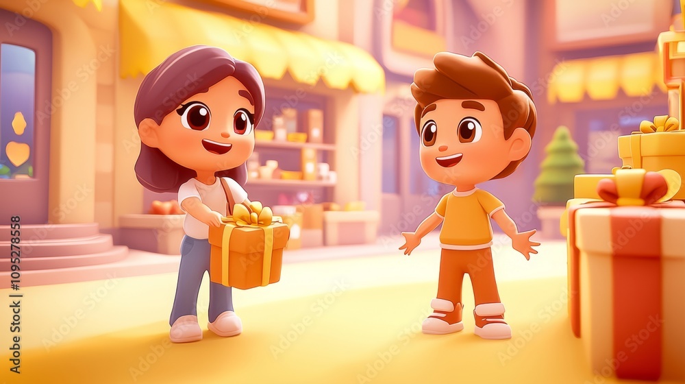 Shopping for Gifts during Holidays Pastel colored 3D cartoon style illustration.