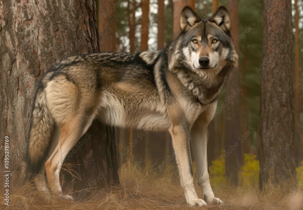 Majestic Wolf Stands Gracefully in Serene Forest Landscape, Showcasing Detailed Fur and Intense Gaze Amidst Dramatic Natural Backdrop of Trees and Foliage Majestic Wolf Stands Gracefully in Serene Forest Landscape, Showcasing Detailed Fur and Intense Gaze Amidst Dramatic Natural Backdrop of Trees and Foliage