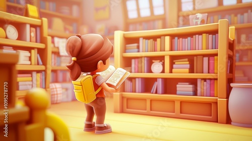 Shopping at a Bookstore Pastel colored 3D cartoon style illustration.