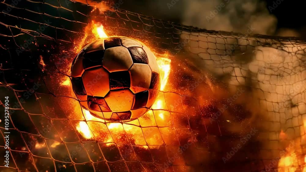 A fiery soccer ball striking the net in an explosive moment

