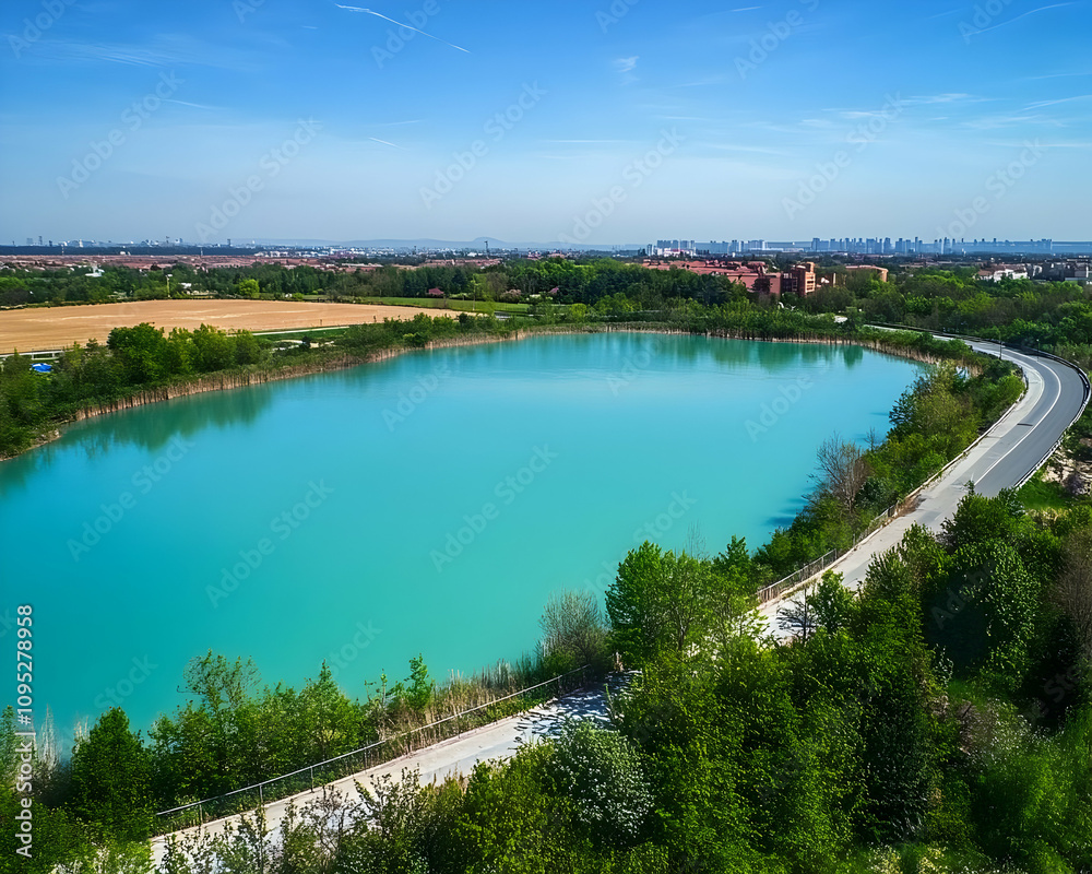 Fototapeta premium Stunning Aerial View of a Serene Lake Surrounded by Lush Greenery Under a Clear Blue Sky in an Industrial Area, Captivating Nature and Urban Landscape Contrast