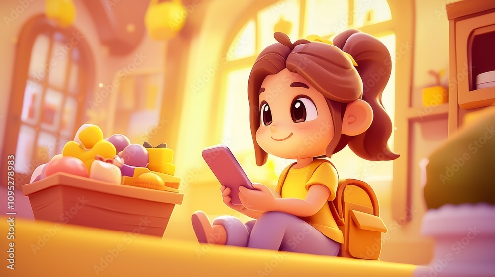 Online Grocery Shopping Pastel colored 3D cartoon style illustration.