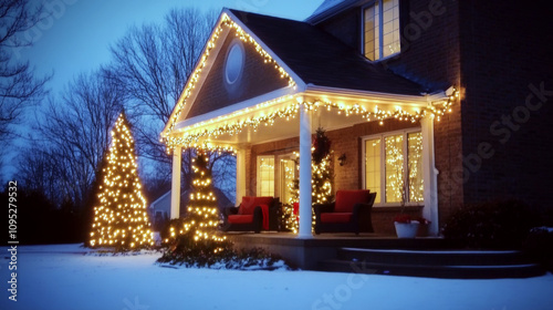 House exterior with porch and chairs adorned with festive lights, surrounded by snow and lit trees. Concept of holiday decorations. For seasonal marketing.