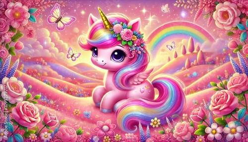 Illustration of a very cute pink unicorn has a shimmering golden horn, a flowing pastel rainbow mane, and twinkling eyes, surrounded by a magical scene with blooming flowers in soft pink, purple