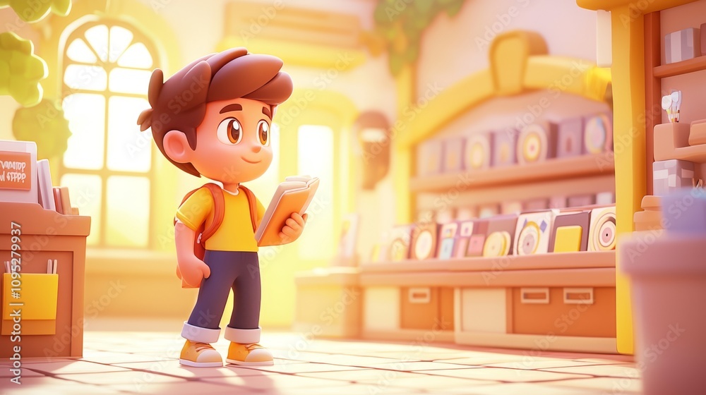 Shopping for Music at a Record Store Pastel colored 3D cartoon style illustration.